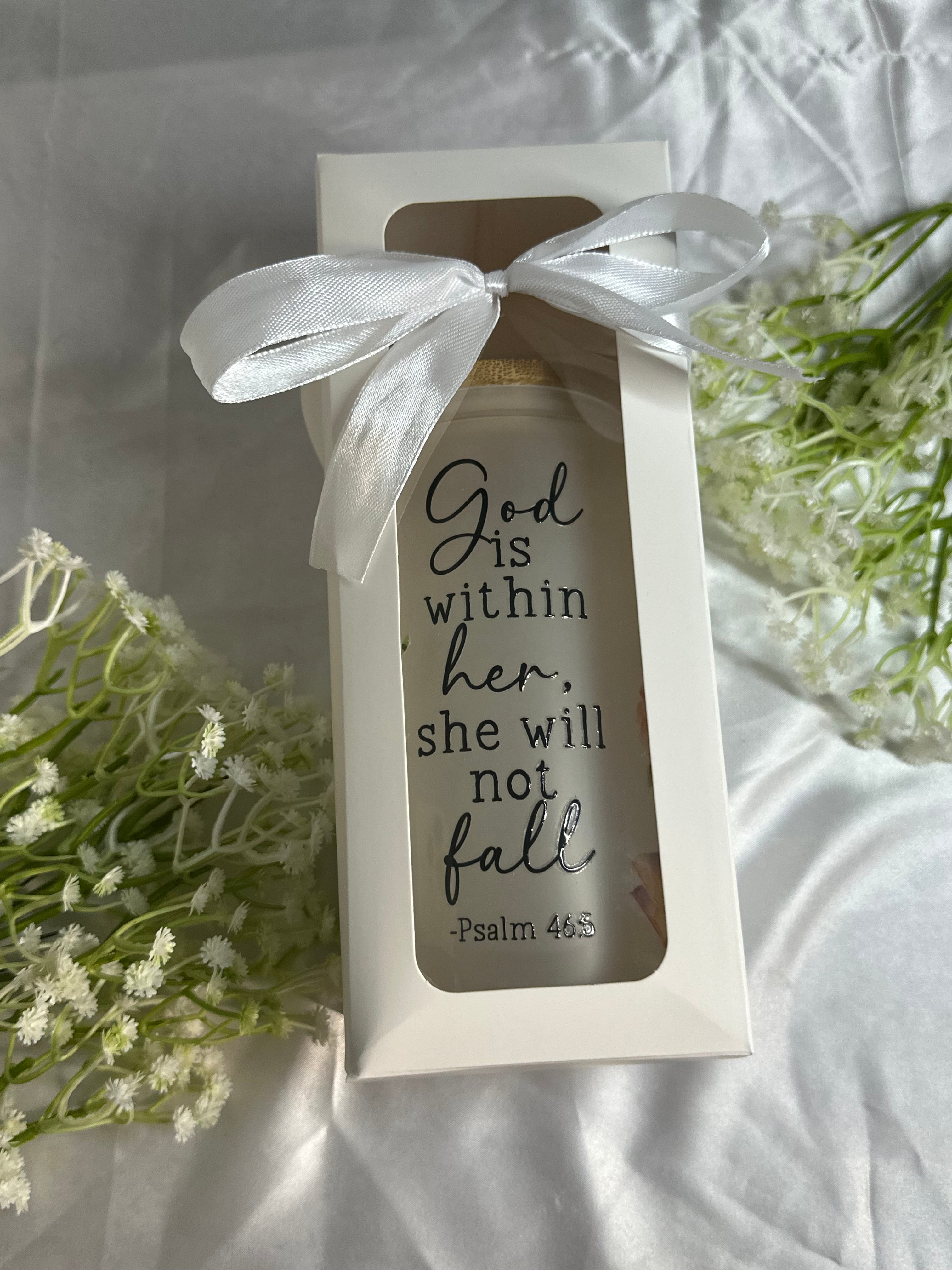 Psalm 46:5 Bible Verse Glass Tumbler 16oz – Aesthetic Cup with Bamboo Lid & Reusable Straw | Christian Gift  | Heat and Cold resistant