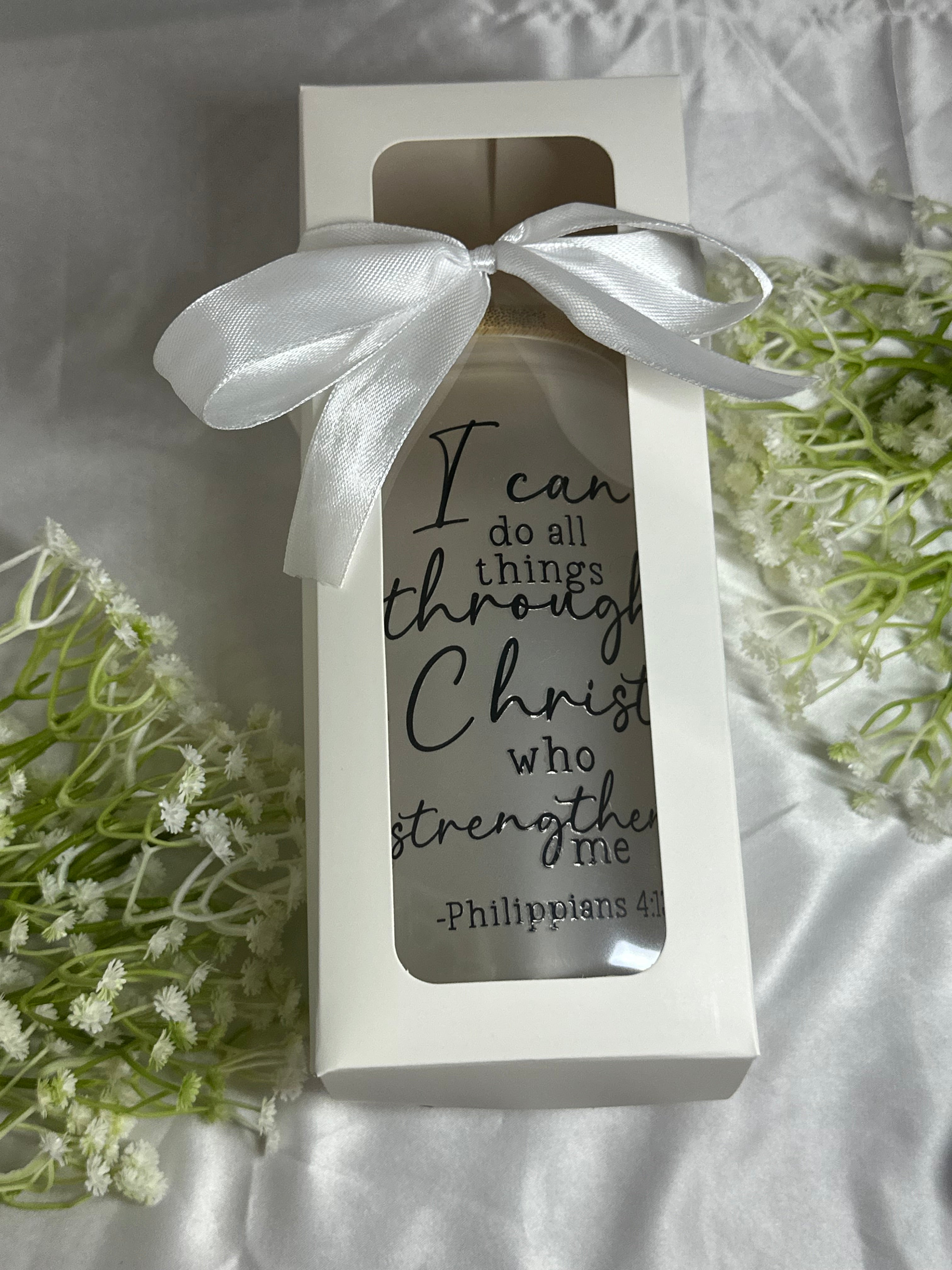 Philippians 4:13 Bible Verse Glass Tumbler 16oz Aesthetic Cup with Bamboo Lid & Reusable Straw Christian Gift| Heat and Cold resistant