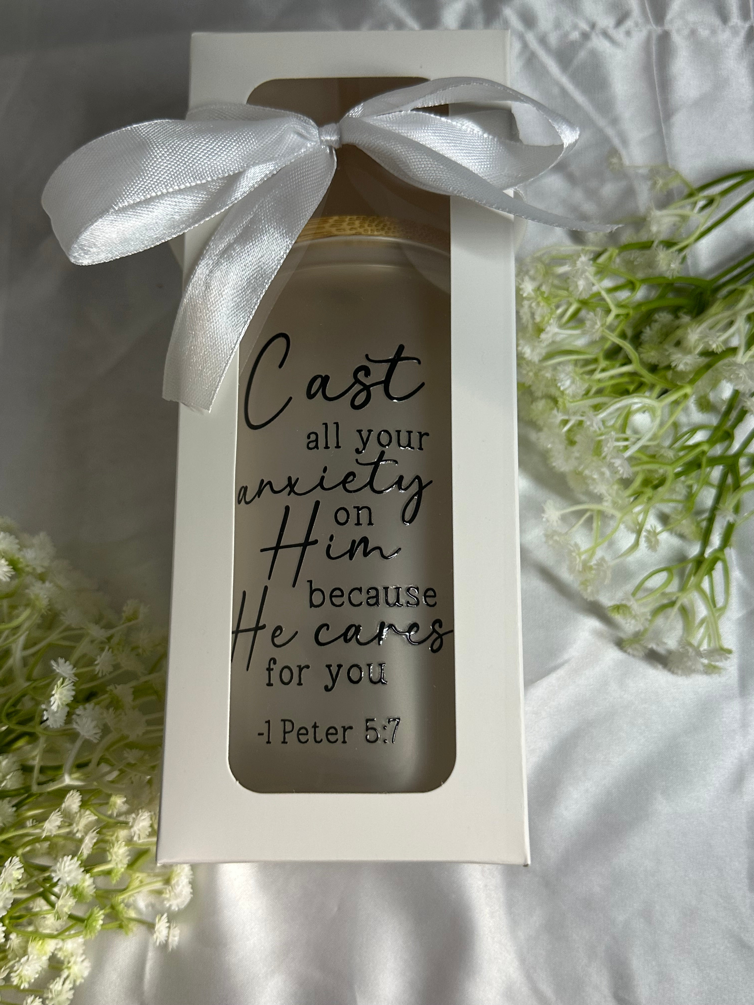 1 Peter 5:7 Bible Verse Glass Tumbler 16oz – Aesthetic Cup with Bamboo Lid & Reusable Straw | Christian Gift | Heat and Cold resistant