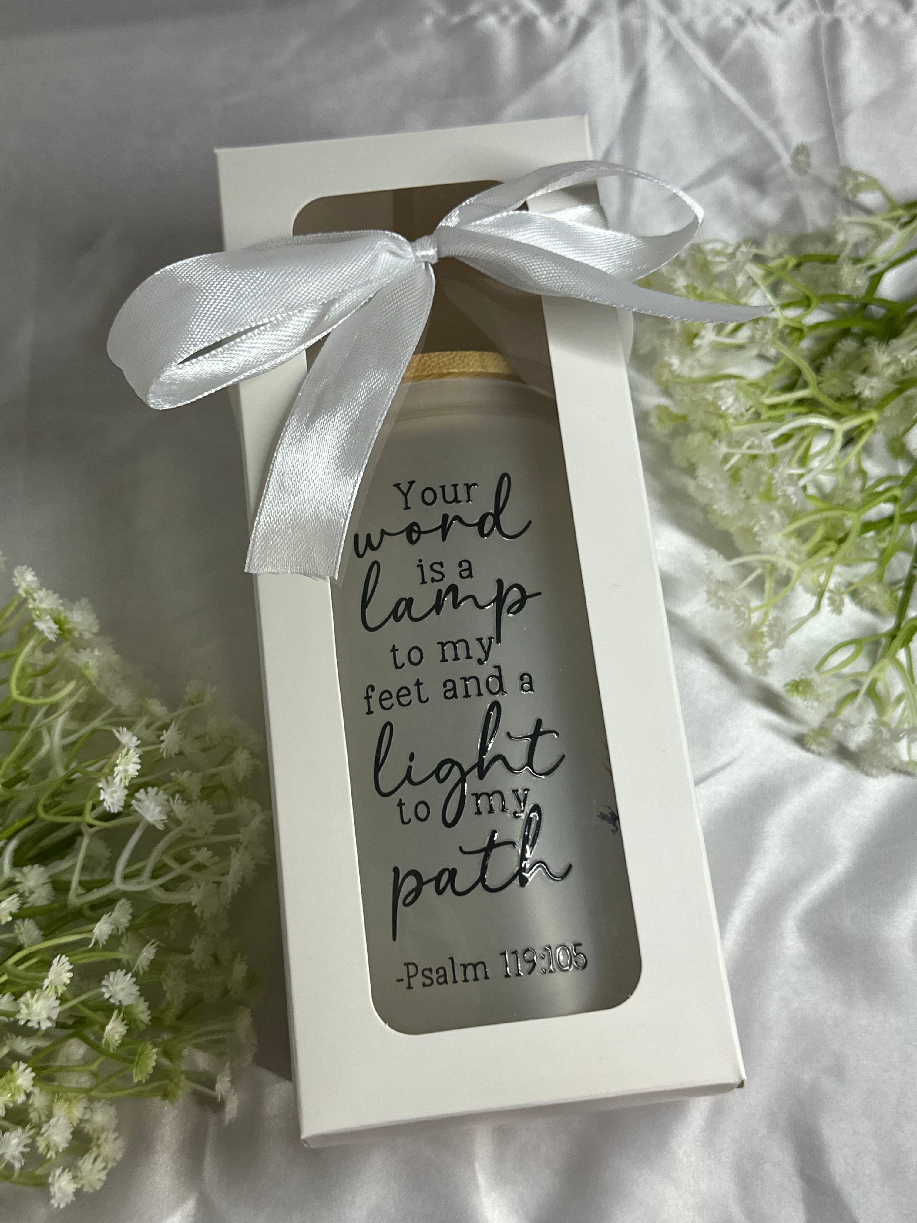 Psalm 119:105 Bible Verse Glass Tumbler 16oz – Aesthetic Cup with Bamboo Lid & Reusable Straw | Christian Gift | Heat and Cold resistant